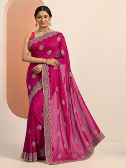 Libas - Pink Silk Blend Embellished Saree with Unstitched