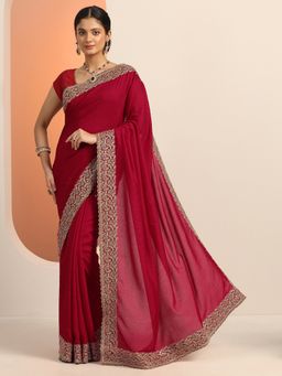 Libas - Red Silk Blend Embellished Saree with Unstitched