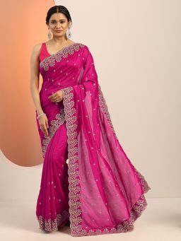 Libas - Pink Silk Blend Embroidered Saree with Unstitched