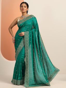 Libas - Green Silk Blend Embroidered Saree with Unstitched