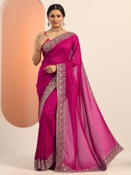 Libas - Pink Silk Blend Embellished Saree with Unstitched