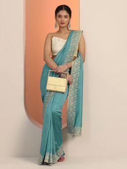Libas - Blue Silk Blend Embellished Saree with Unstitched