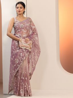 Libas - Mauve Net Embroidered Saree with Unstitched