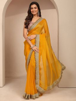 Libas - Yellow Silk Blend Embellished Saree with Unstitched