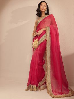 Libas - Red Silk Blend Solid/Plain Saree with Unstitched