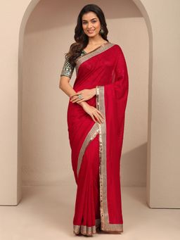Libas - Red Silk Blend Embellished Saree with Unstitched