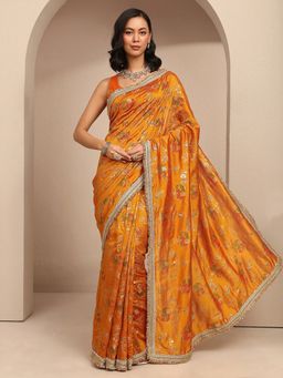 Libas - Gold Silk Blend Printed Saree with Unstitched