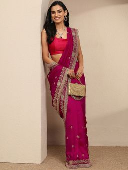 Libas - Magenta Silk Blend Embroidered Saree with Unstitched