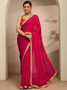 Libas - Magenta Silk Blend Embellished Saree with Unstitched