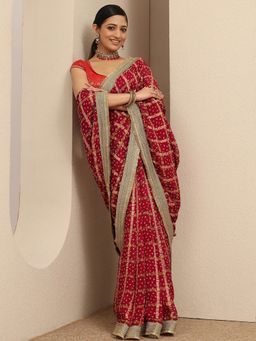Libas - Red Silk Blend Printed Saree with Unstitched