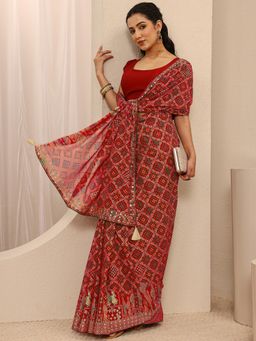 Libas - Pink Silk Blend Printed Saree with Unstitched