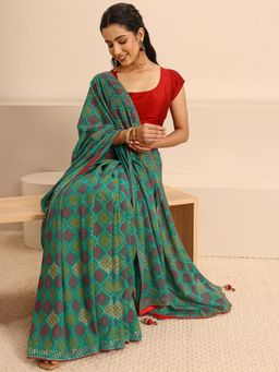 Libas - Green Silk Blend Embellished Saree with Unstitched