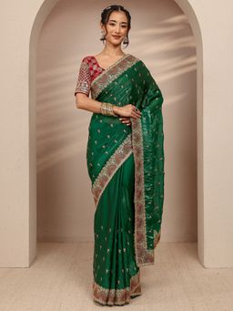 Libas - Green Silk Blend Embroidered Saree with Unstitched