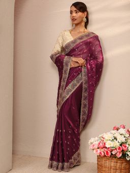 Libas - Burgundy Silk Blend Embroidered Saree with Unstitched