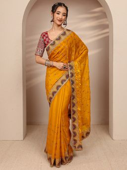 Libas - Mustard Silk Blend Embroidered Saree with Unstitched