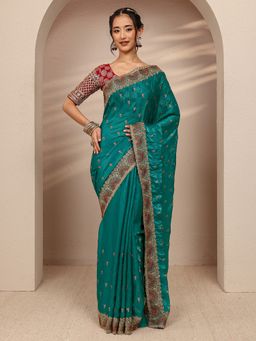 Libas - Green Silk Blend Embroidered Saree with Unstitched