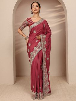 Libas - Brown Silk Blend Embroidered Saree with Unstitched