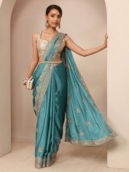 Libas - Blue Silk Blend Embroidered Saree with Unstitched