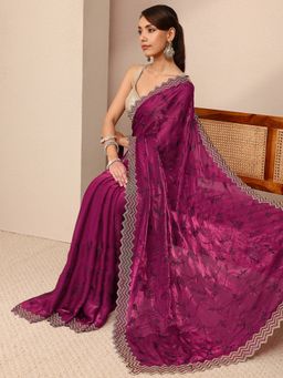 Libas - Magenta Silk Blend Embellished Saree with Unstitched