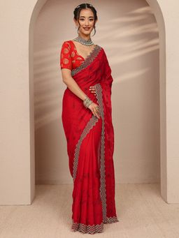 Libas - Red Silk Blend Embellished Saree with Unstitched