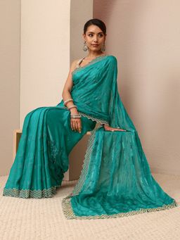 Libas - Green Silk Blend Embellished Saree with Unstitched