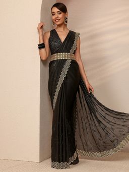 Libas - Black Silk Blend Embellished Saree with Unstitched