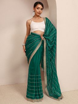 Libas - Green Silk Blend Embroidered Saree with Unstitched