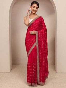 Libas - Red Silk Blend Embroidered Saree with Unstitched