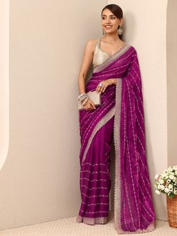 Libas - Burgundy Silk Blend Embroidered Saree with Unstitched