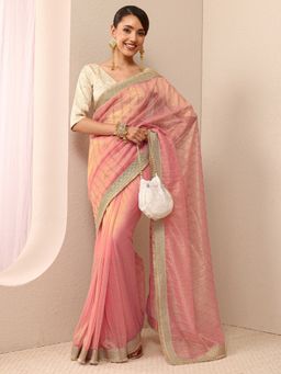 Libas - Pink Silk Blend Embellished Saree with Unstitched