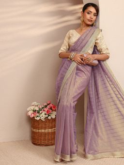 Libas - Lavender Silk Blend Embellished Saree with Unstitched