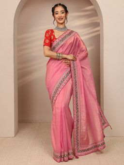 Libas - Pink Silk Blend Solid/Plain Saree with Unstitched
