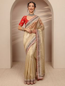 Libas - Gold Silk Blend Solid/Plain Saree with Unstitched