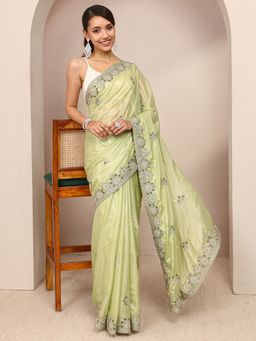 Libas - Green Silk Blend Embroidered Saree with Unstitched