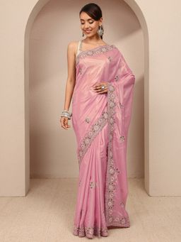 Libas - Pink Silk Blend Embroidered Saree with Unstitched