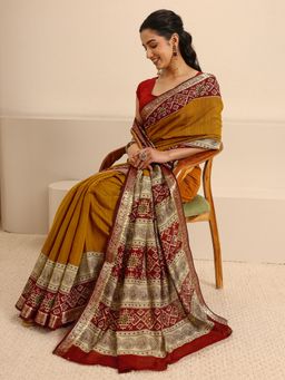Libas - Mustard Silk Blend Solid/Plain Saree with Unstitched
