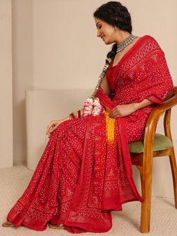 Libas - Red Silk Blend Printed Saree with Unstitched