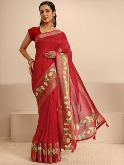 Libas - Red Silk Blend Solid/Plain Saree with Unstitched