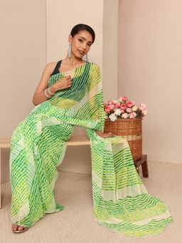 Libas - Green Chiffon Printed Saree with Unstitched
