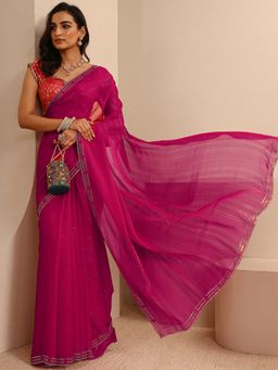 Libas - Pink Tissue Embellished Saree with Unstitched