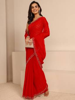 Libas - Red Tissue Embellished Saree with Unstitched
