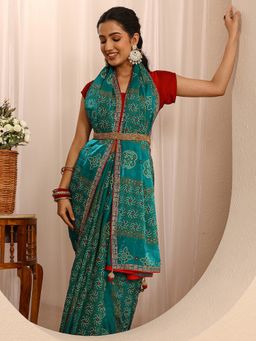 Libas - Green Silk Blend Printed Saree with Unstitched