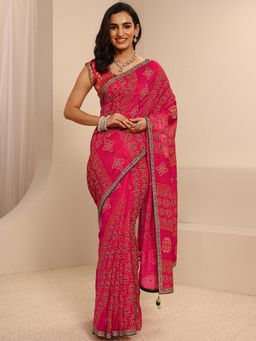 Libas - Pink Silk Blend Printed Saree with Unstitched