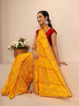 Libas - Mustard Silk Blend Printed Saree with Unstitched