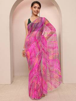 Libas - Pink Chiffon Printed Saree with Unstitched