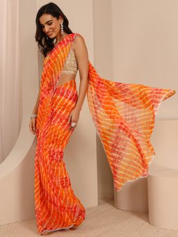 Libas - Orange Chiffon Printed Saree with Unstitched