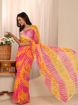 Libas - Mustard Chiffon Printed Saree with Unstitched
