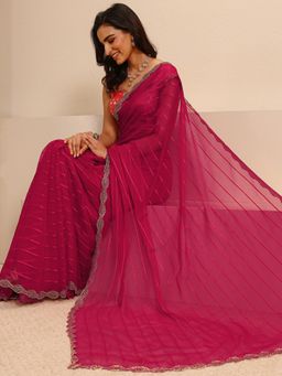 Libas - Pink Silk Blend Embellished Saree with Unstitched