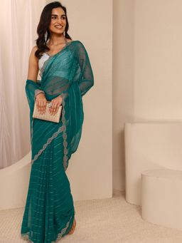 Libas - Teal Silk Blend Embellished Saree with Unstitched