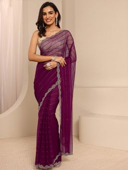 Libas - Burgundy Silk Blend Embellished Saree with Unstitched